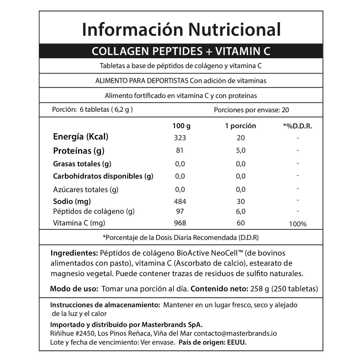 Colágeno Péptidos 1 y 3 Grassfed + Vitamina C 6.000 mg | Tabletas